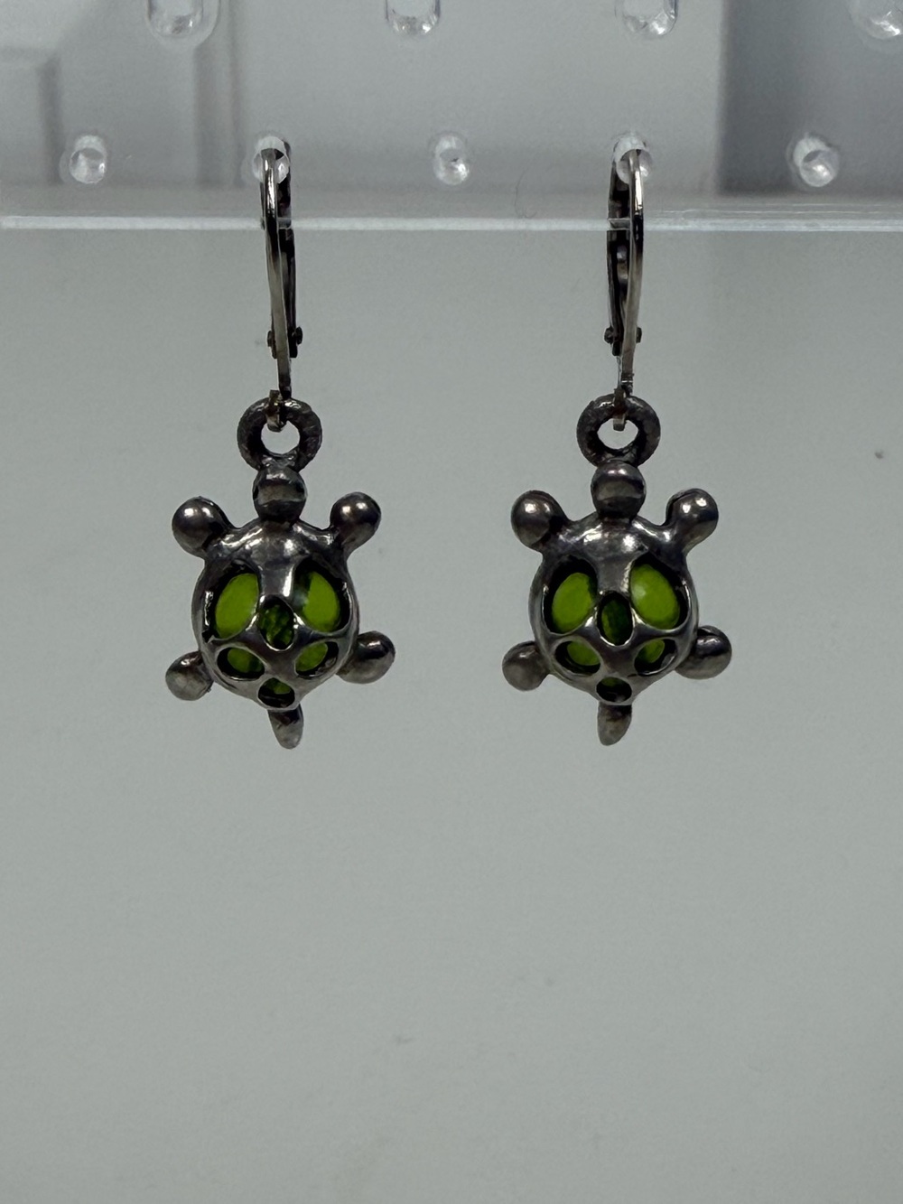 Sterling Turtle Dangle Hook Earrings with Green Stone Inlay Signed RIB